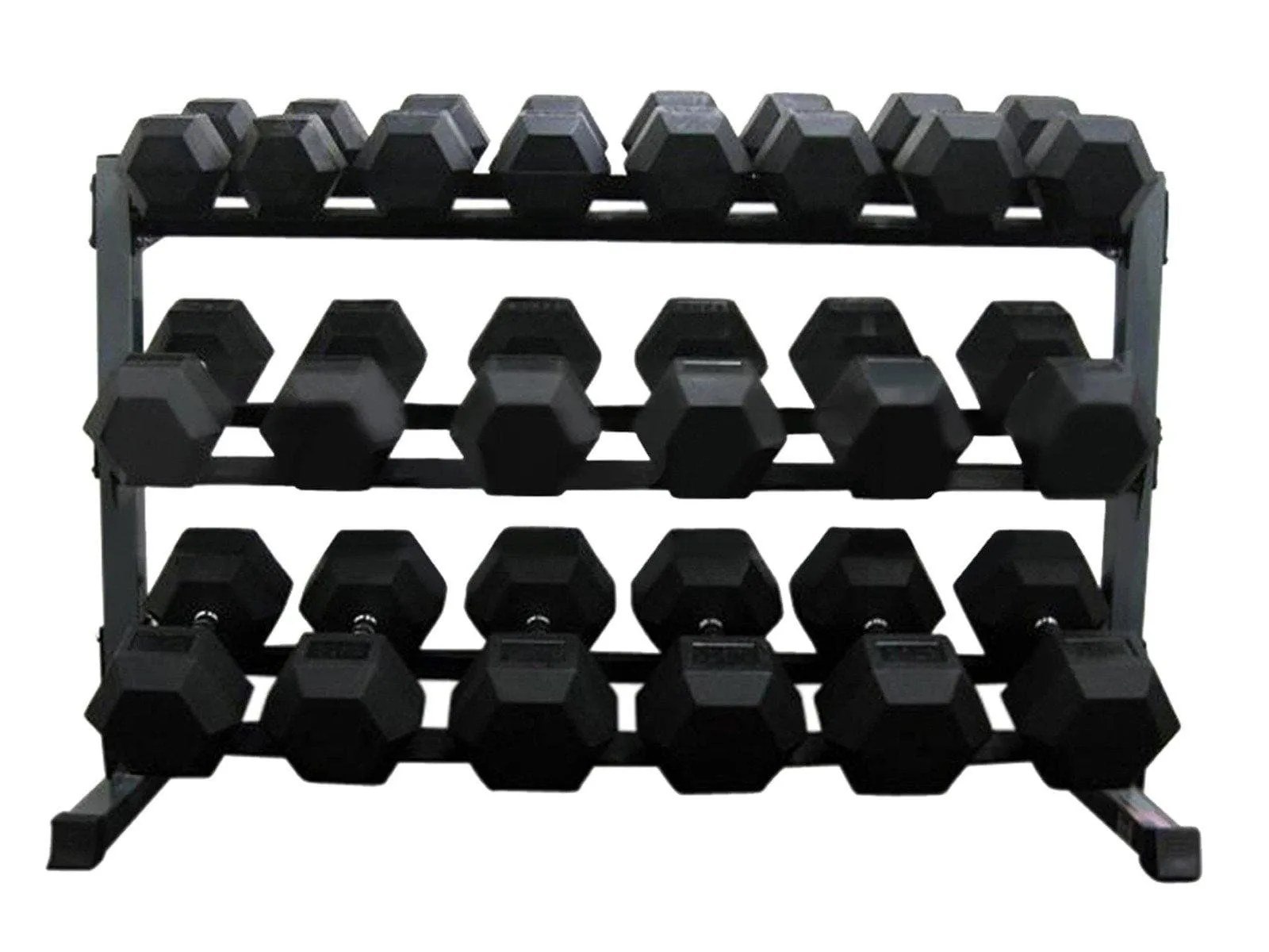 1-50kg Rubber Hexagonal "Class A" Dumbbell Set With TWO x 3-Tier Dumbbell Racks