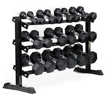 1-50kg Rubber Hexagonal "Class A" Dumbbell Set With TWO x 3-Tier Dumbbell Racks