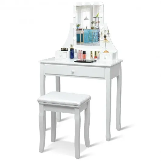 10 LED Lighted Mirror and 3 Drawers Vanity Table Set-White