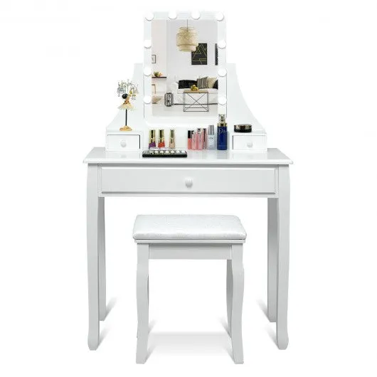 10 LED Lighted Mirror and 3 Drawers Vanity Table Set-White