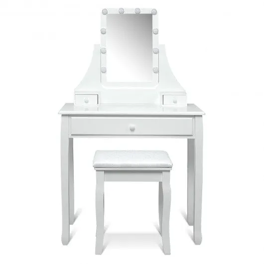 10 LED Lighted Mirror and 3 Drawers Vanity Table Set-White