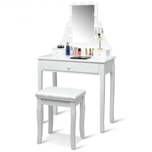 10 LED Lighted Mirror and 3 Drawers Vanity Table Set-White