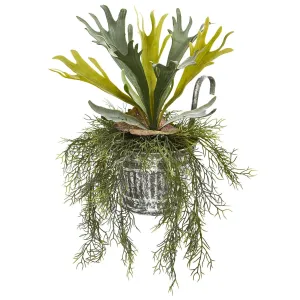 14” Staghorn and Tillandsia Artificial Plant in Vintage Hanging Metal Pail