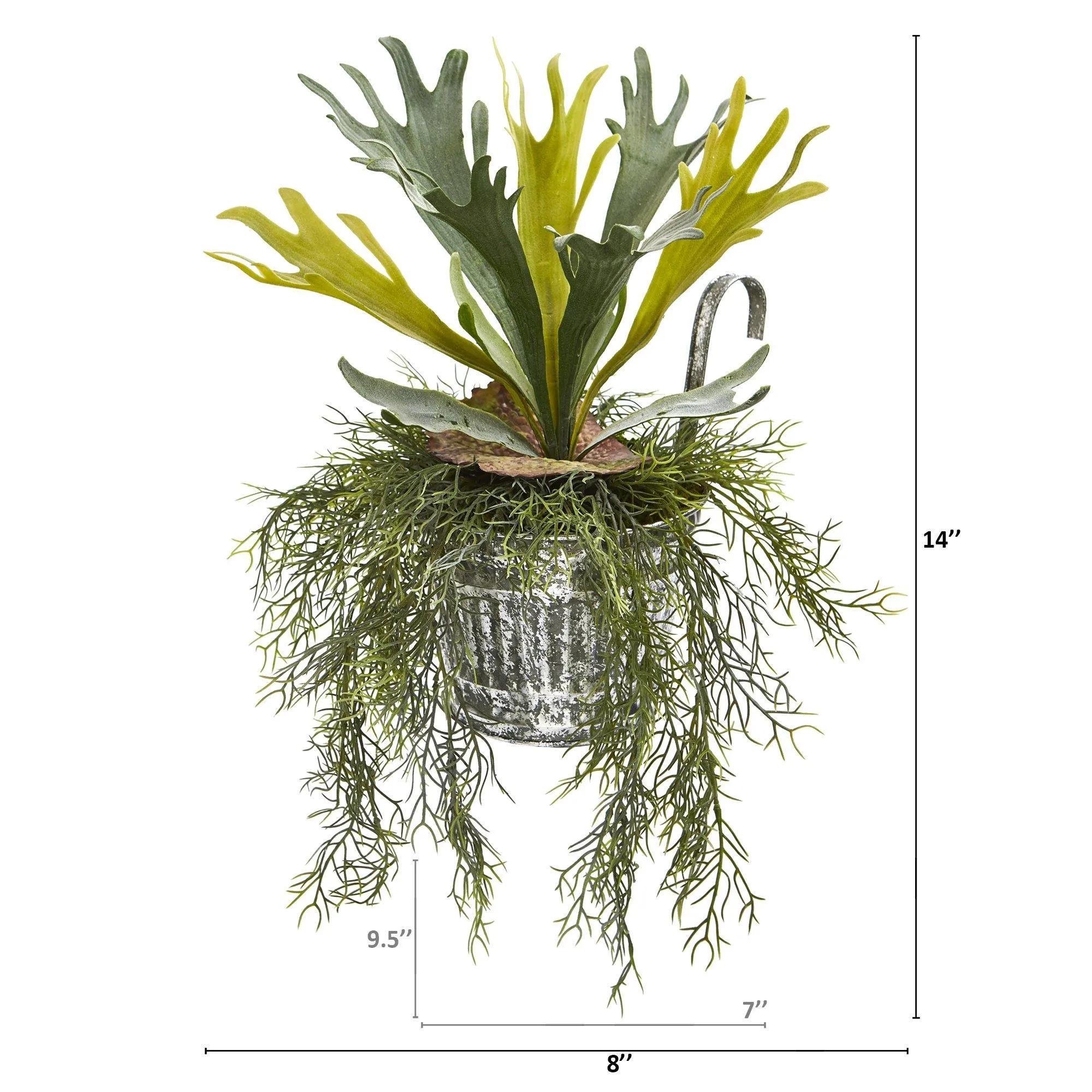 14” Staghorn and Tillandsia Artificial Plant in Vintage Hanging Metal Pail