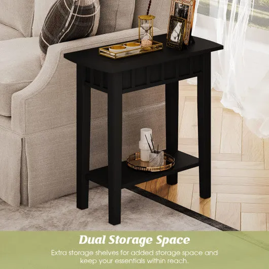 2-Tier Narrow Wood End Table with Storage Shelf for Small Spaces-Black