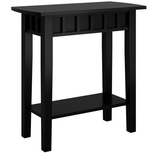 2-Tier Narrow Wood End Table with Storage Shelf for Small Spaces-Black