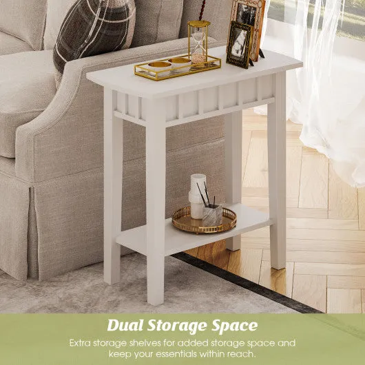 2-Tier Narrow Wood End Table with Storage Shelf for Small Spaces-White