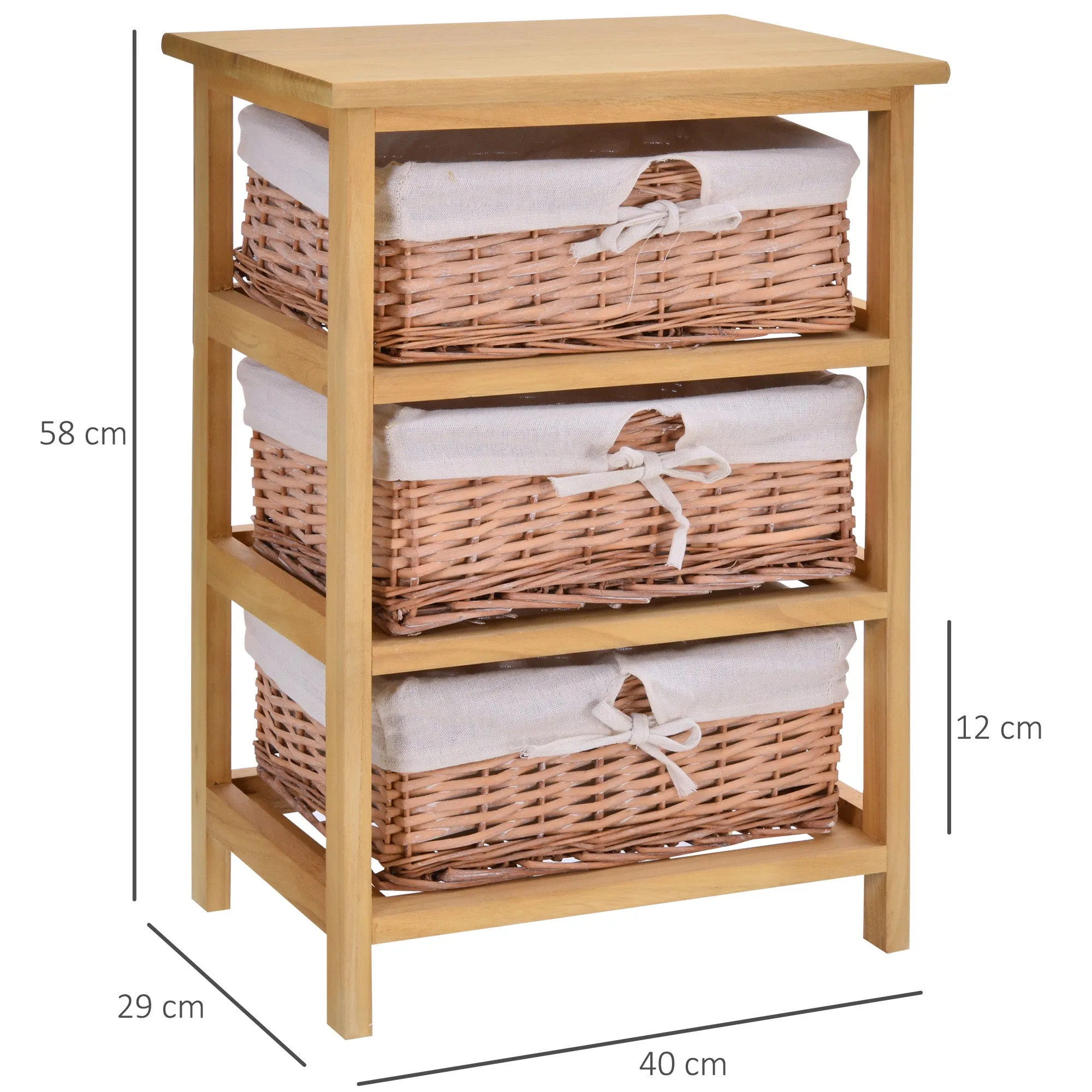 3 Drawer Dresser Wicker Basket Storage Shelf Unit Wooden Frame Home Organisation Cabinet Bedroom Office Furniture Natural Finish 58x40cm