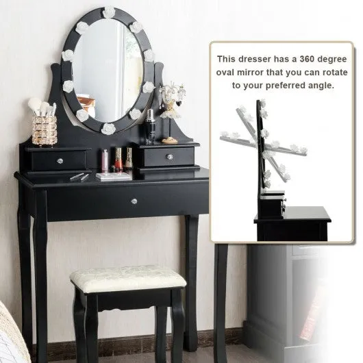 3 Drawers Lighted Mirror Vanity Dressing Table Stool Set-Black