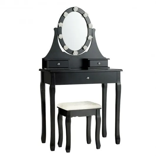 3 Drawers Lighted Mirror Vanity Dressing Table Stool Set-Black