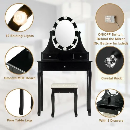 3 Drawers Lighted Mirror Vanity Dressing Table Stool Set-Black