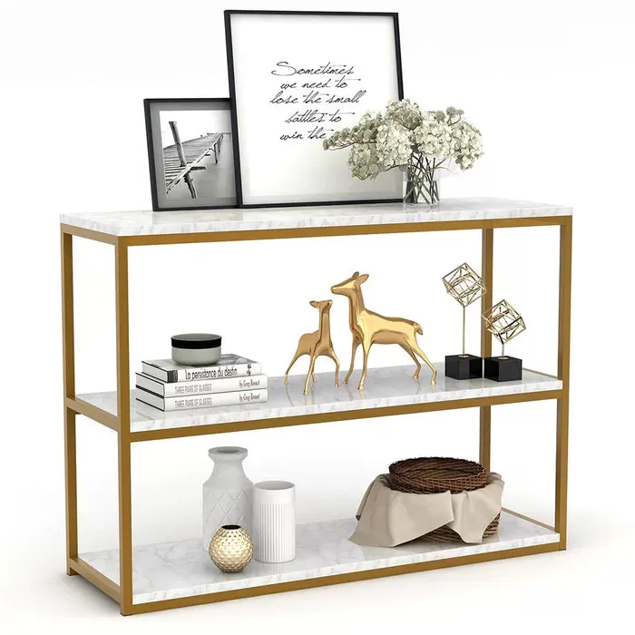 3-Tier White Marble Console Table with Golden Finish