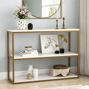 3-Tier White Marble Console Table with Golden Finish