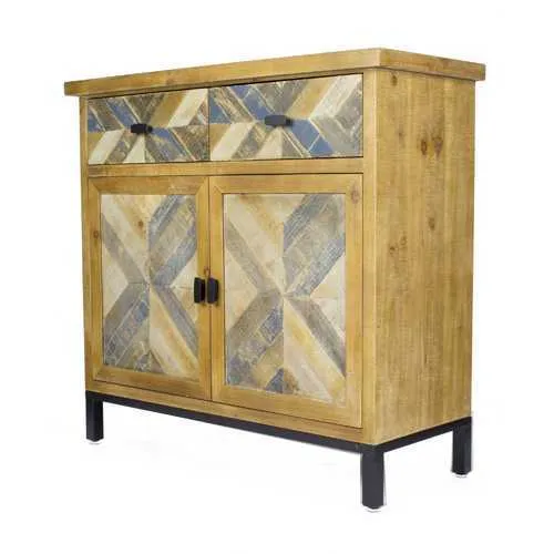 35.8" X 15" X 33.8" Elm with Gray Iron Wood MDF 2 Drawer 2 Door Parquet Sideboard