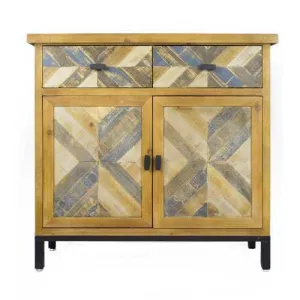 35.8" X 15" X 33.8" Elm with Gray Iron Wood MDF 2 Drawer 2 Door Parquet Sideboard