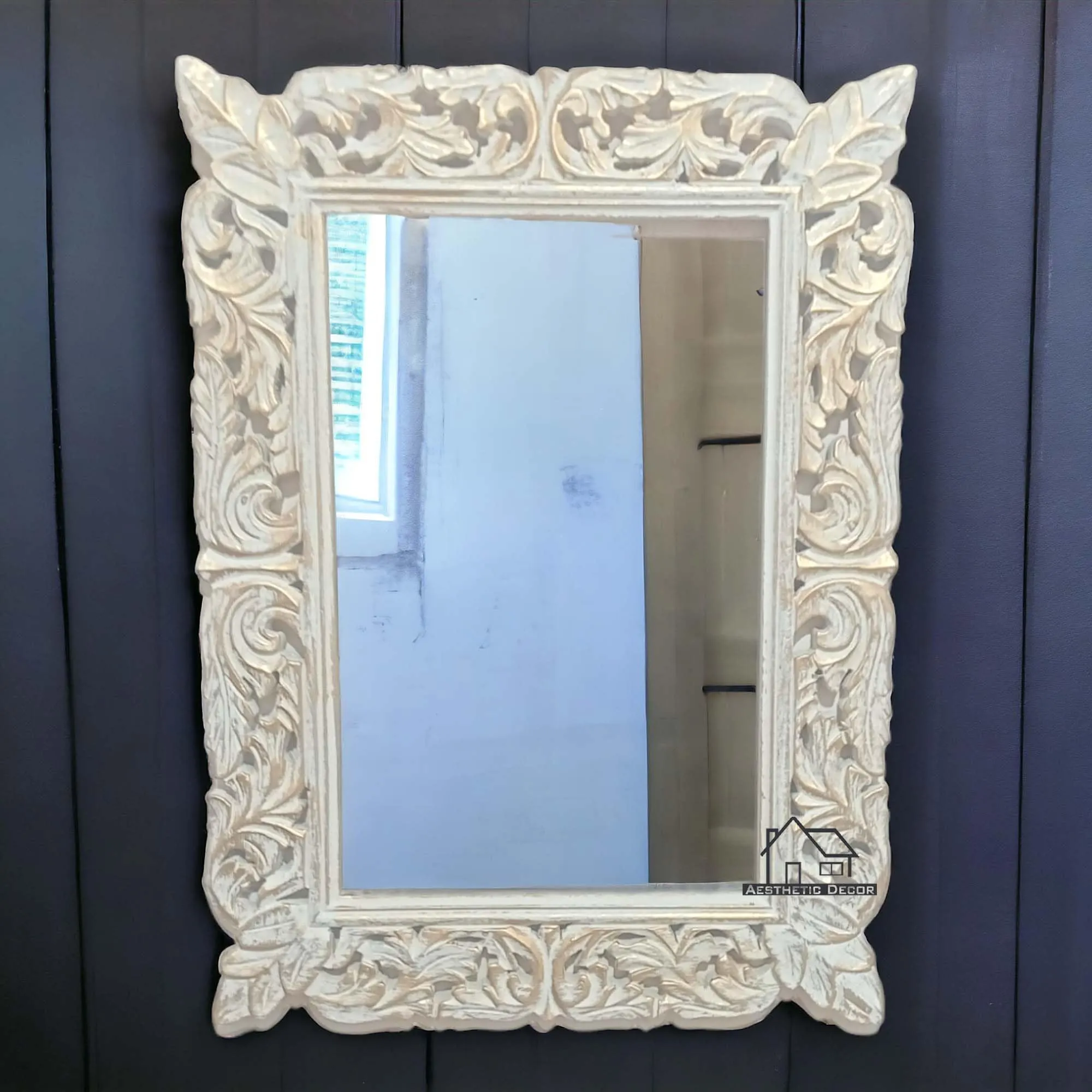 AESTHETIC DECOR Wooden Antique Handcrafted Mirror Frame Rectangle Shape Wall Mount for Makeup and Dressing (24"x18") Inches White Distress (White Gold)