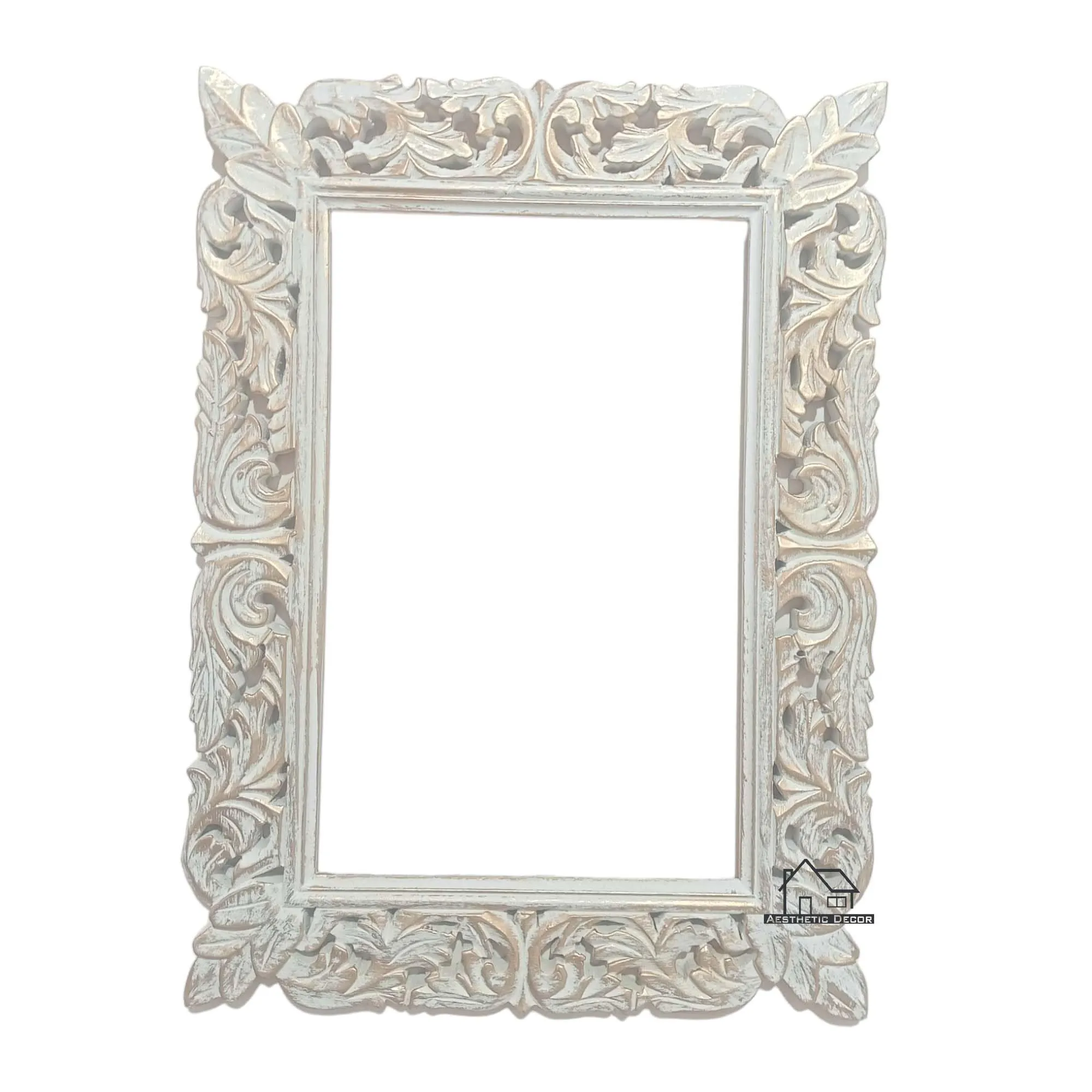 AESTHETIC DECOR Wooden Antique Handcrafted Mirror Frame Rectangle Shape Wall Mount for Makeup and Dressing (24"x18") Inches White Distress (White Gold)