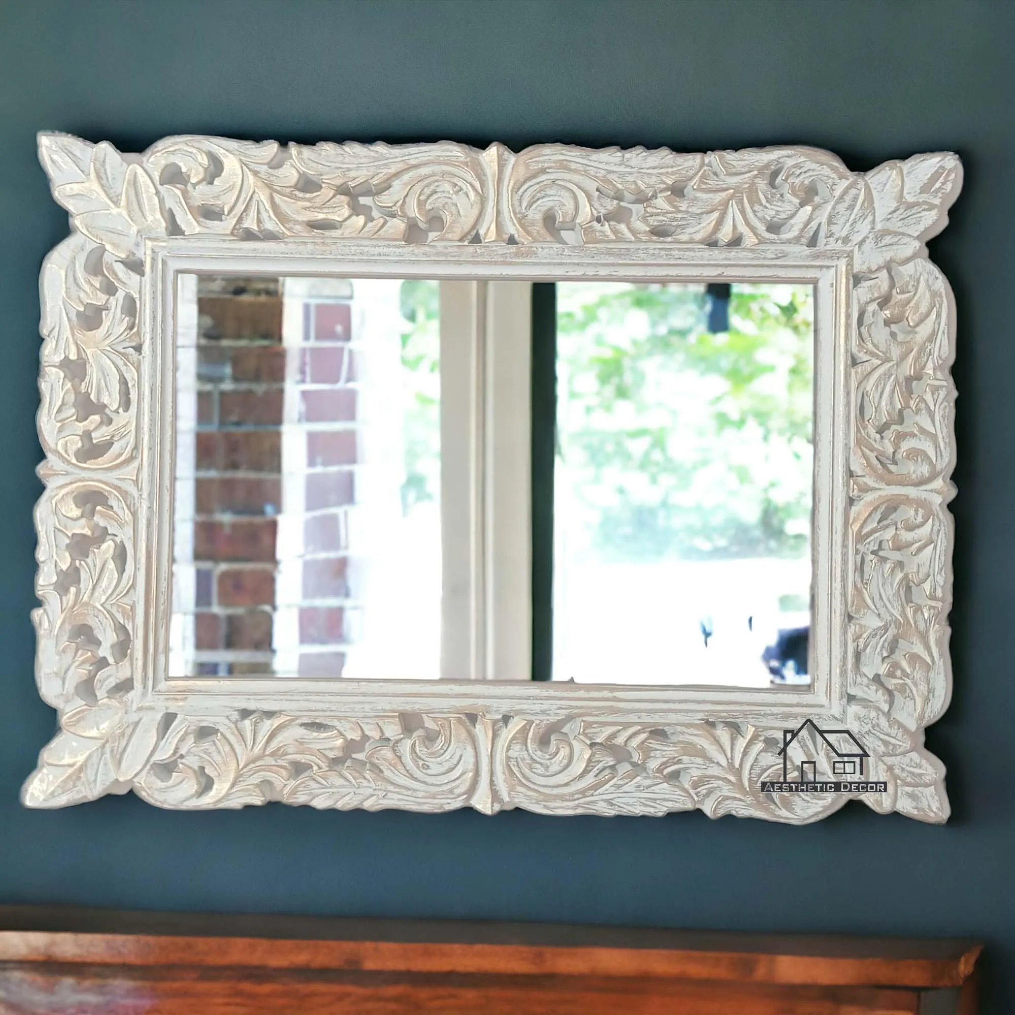 AESTHETIC DECOR Wooden Antique Handcrafted Mirror Frame Rectangle Shape Wall Mount for Makeup and Dressing (24"x18") Inches White Distress (White Gold)