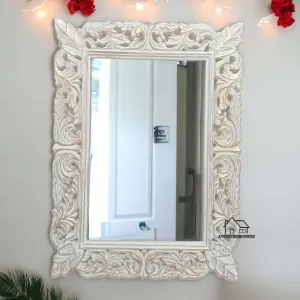 AESTHETIC DECOR Wooden Antique Handcrafted Mirror Frame Rectangle Shape Wall Mount for Makeup and Dressing (24"x18") Inches White Distress (White Gold)