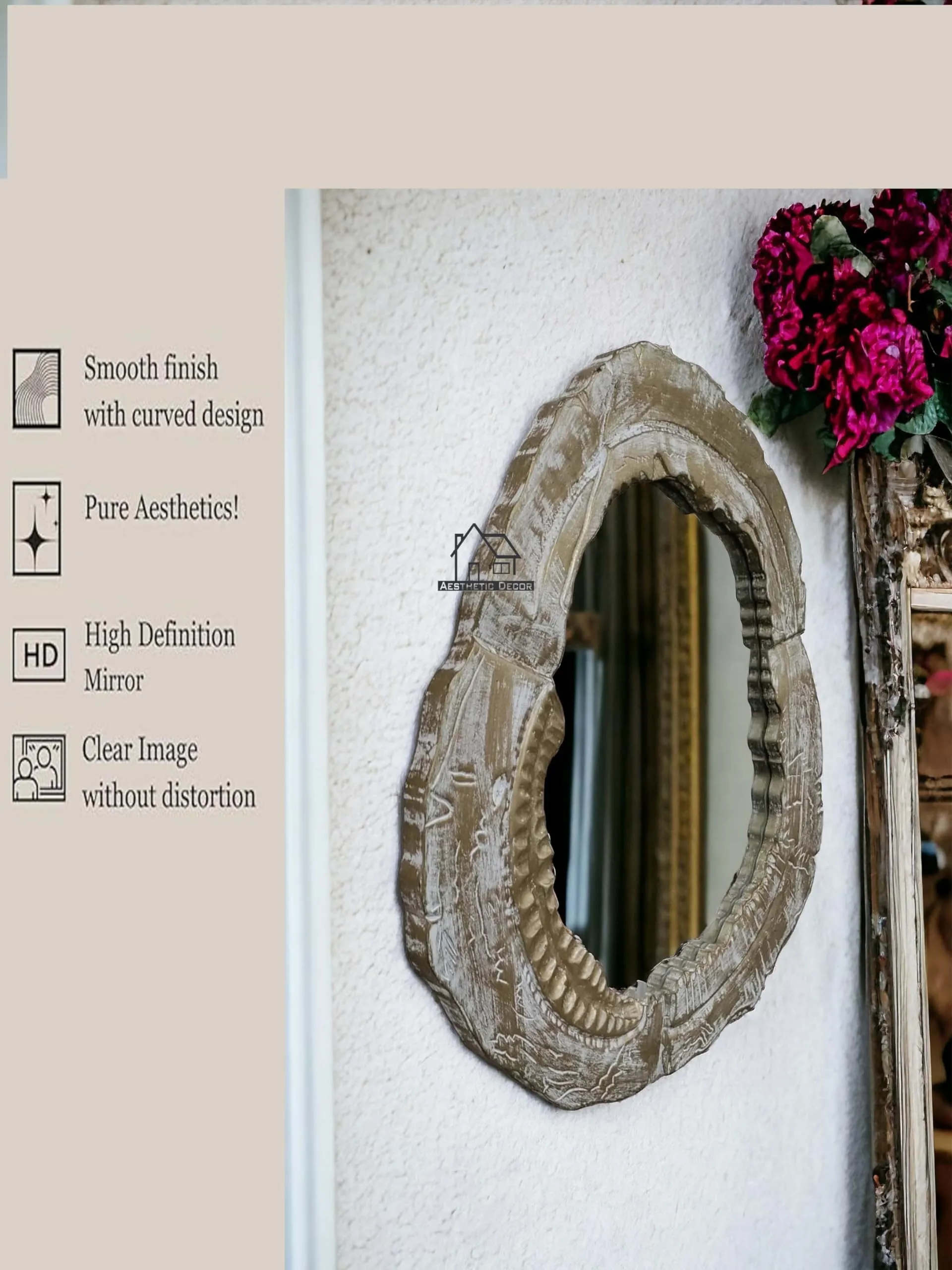 AESTHETIC DECOR Wooden Antique Handcrafted Mirror Frame with Live Edge Oval Shape Wall Mount for Makeup and Dressing (24"x24") Inches. (White Gold)