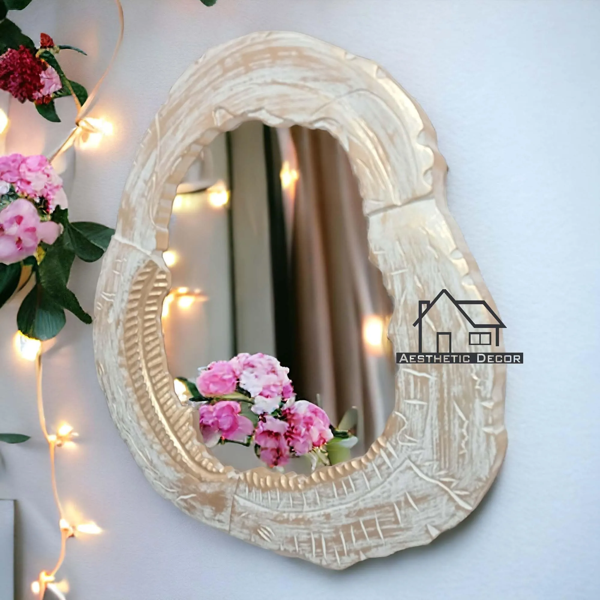 AESTHETIC DECOR Wooden Antique Handcrafted Mirror Frame with Live Edge Oval Shape Wall Mount for Makeup and Dressing (24"x24") Inches. (White Gold)