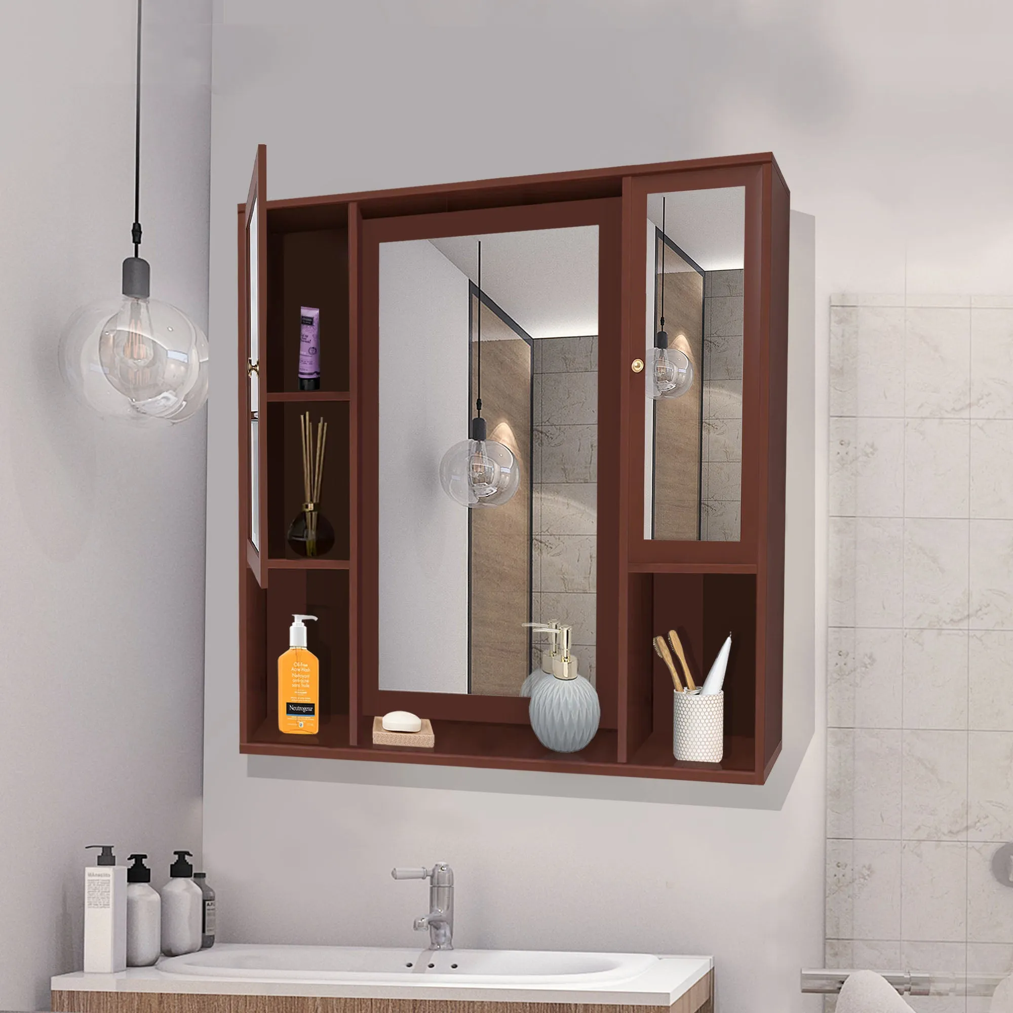 Aesthetic Wooden Bathroom Cabinet Mirror with 7 Spacious Shelves Finish Solid Brown