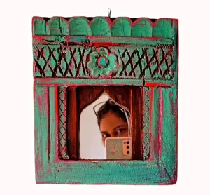 ASHWATHA Distress Finish Wooden Mirror Jharokha | Traditional Handcrafted Wall Decor | Vintage Indian Window Design Frame