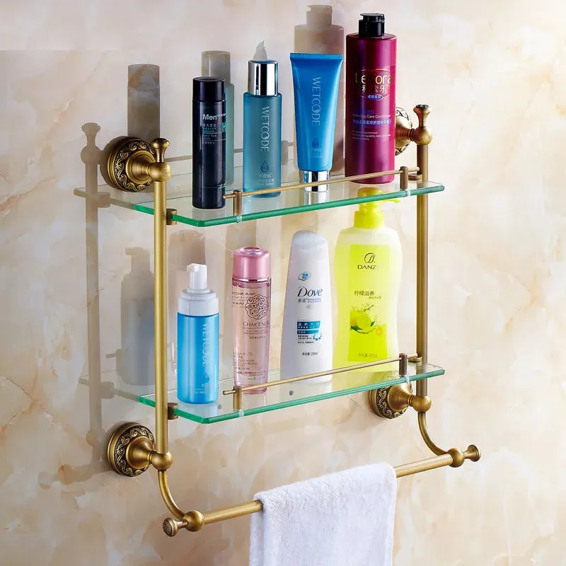 Bathroom Accessory Antique Brass Collection Glass Shelf with Towel Bar