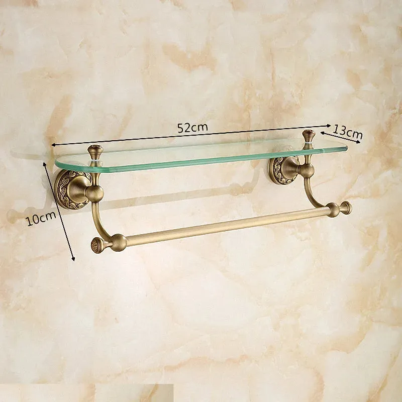 Bathroom Accessory Antique Brass Collection Glass Shelf with Towel Bar