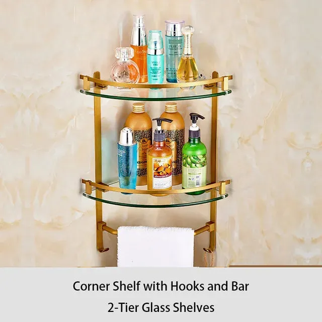 Bathroom Accessory Antique Brass Collection Glass Shelf with Towel Bar