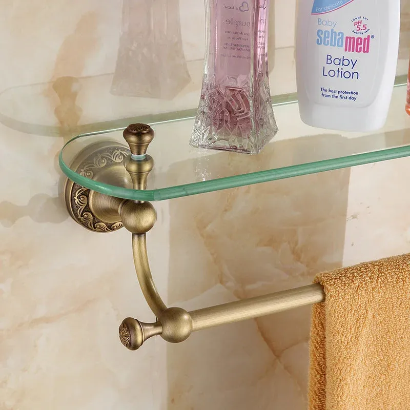 Bathroom Accessory Antique Brass Collection Glass Shelf with Towel Bar