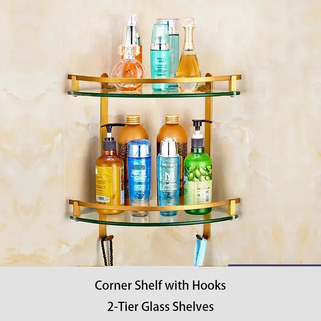 Bathroom Accessory Antique Brass Collection Glass Shelf with Towel Bar