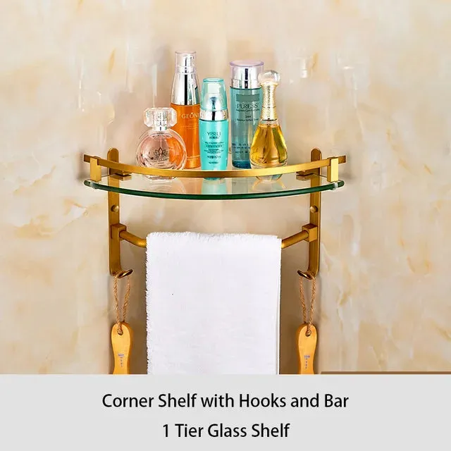 Bathroom Accessory Antique Brass Collection Glass Shelf with Towel Bar