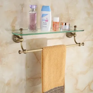 Bathroom Accessory Antique Brass Collection Glass Shelf with Towel Bar