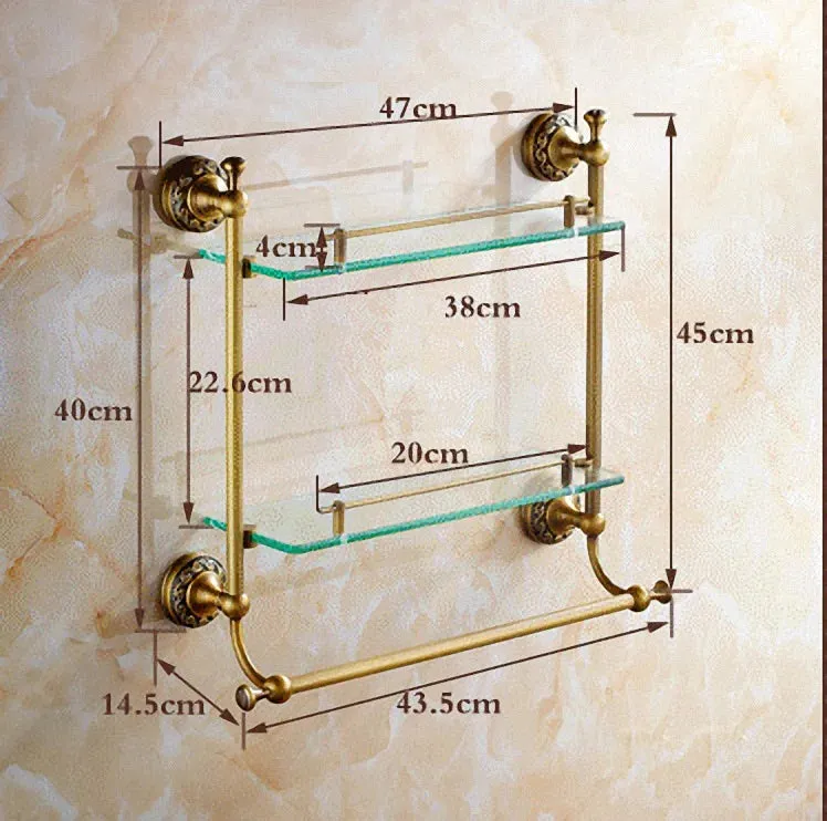 Bathroom Accessory Antique Brass Collection Glass Shelf with Towel Bar