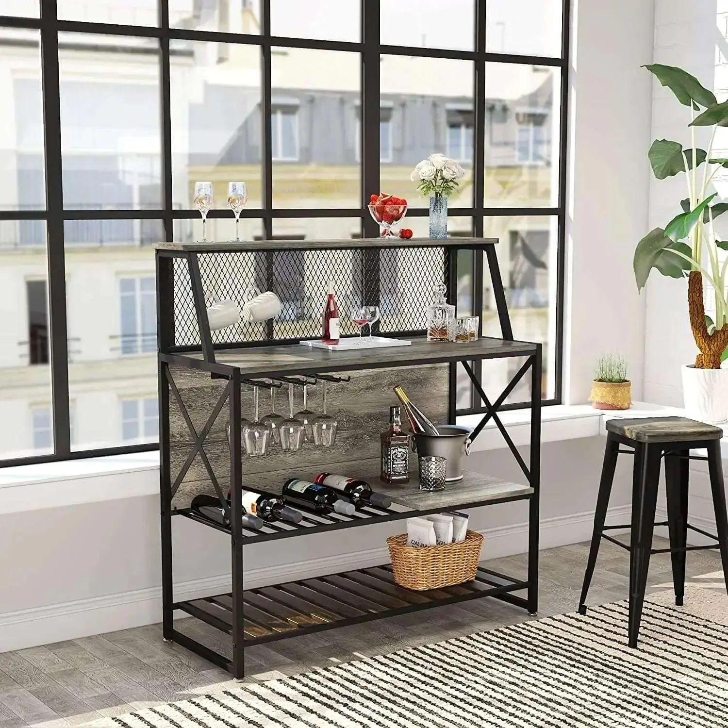 Bestier Coffee Bar Storage Cabinet with Mesh Panel and Wine Rack