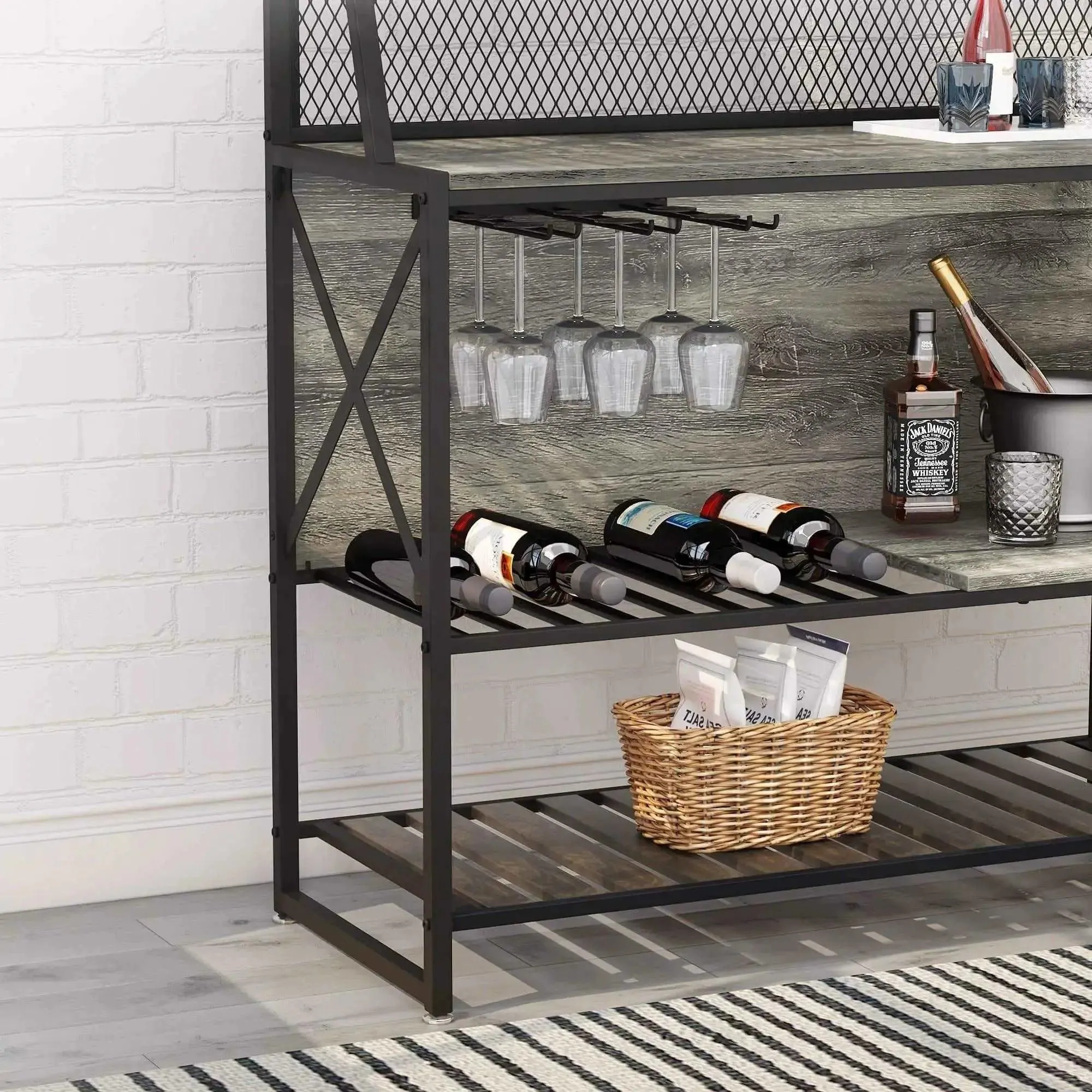 Bestier Coffee Bar Storage Cabinet with Mesh Panel and Wine Rack