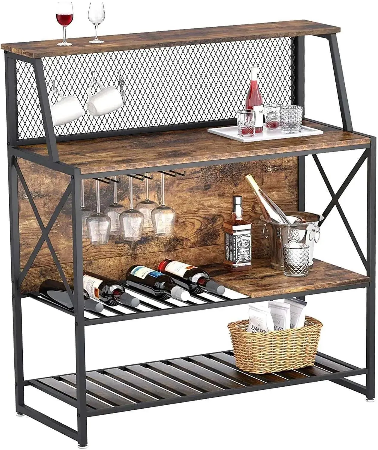 Bestier Coffee Bar Storage Cabinet with Mesh Panel and Wine Rack