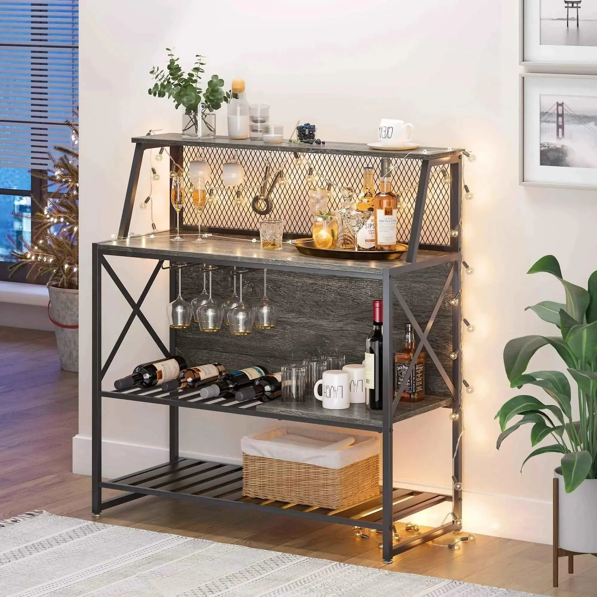 Bestier Coffee Bar Storage Cabinet with Mesh Panel and Wine Rack