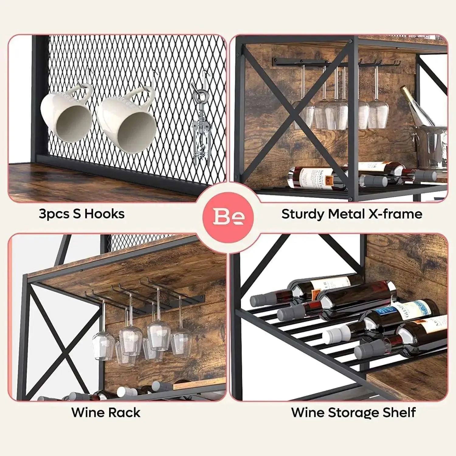 Bestier Coffee Bar Storage Cabinet with Mesh Panel and Wine Rack