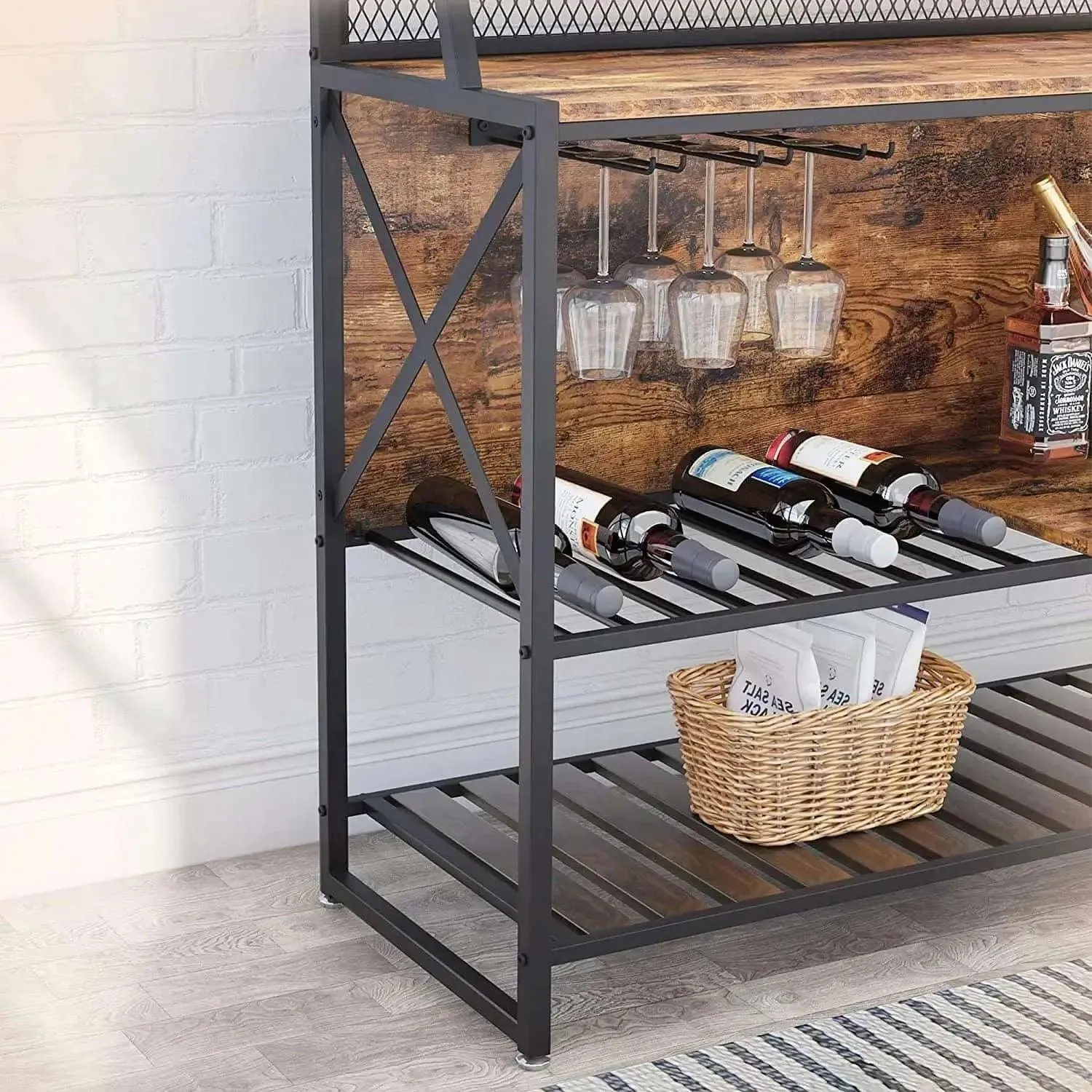 Bestier Coffee Bar Storage Cabinet with Mesh Panel and Wine Rack