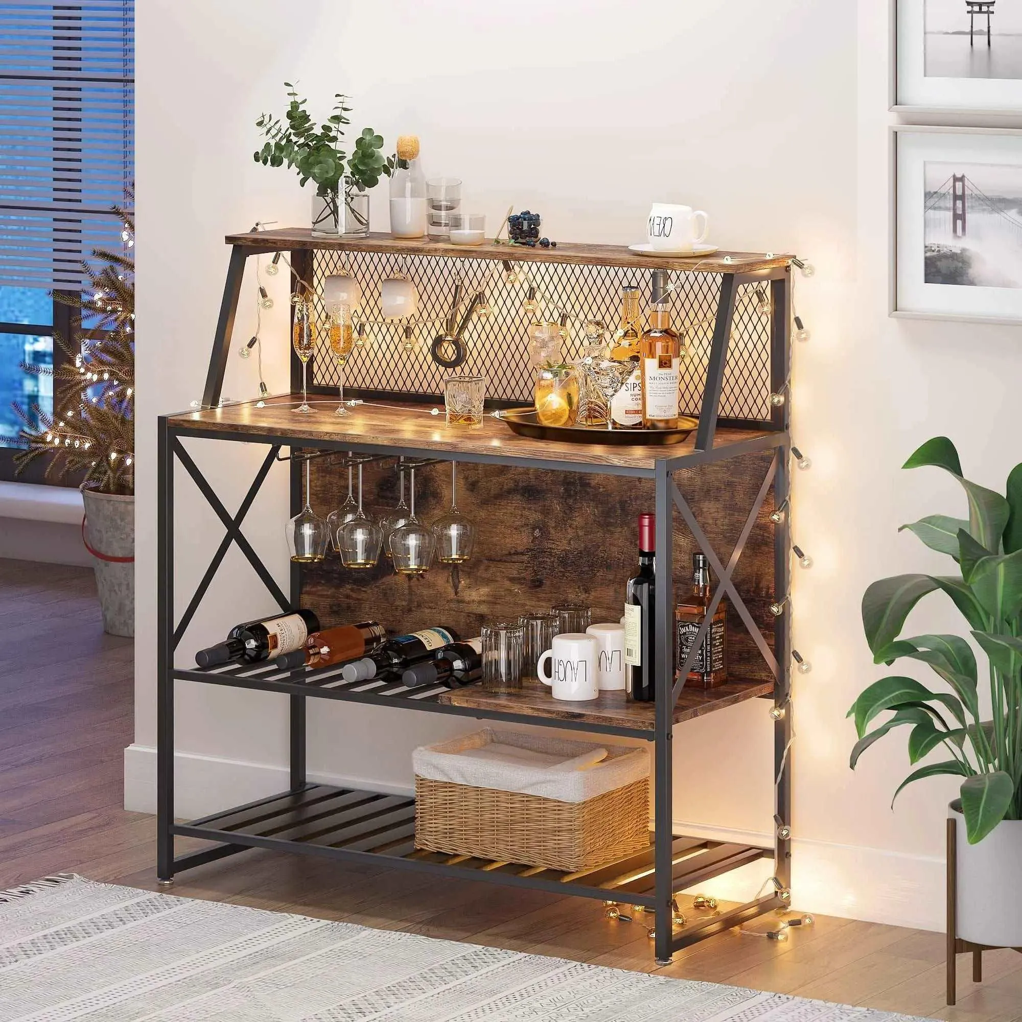 Bestier Coffee Bar Storage Cabinet with Mesh Panel and Wine Rack