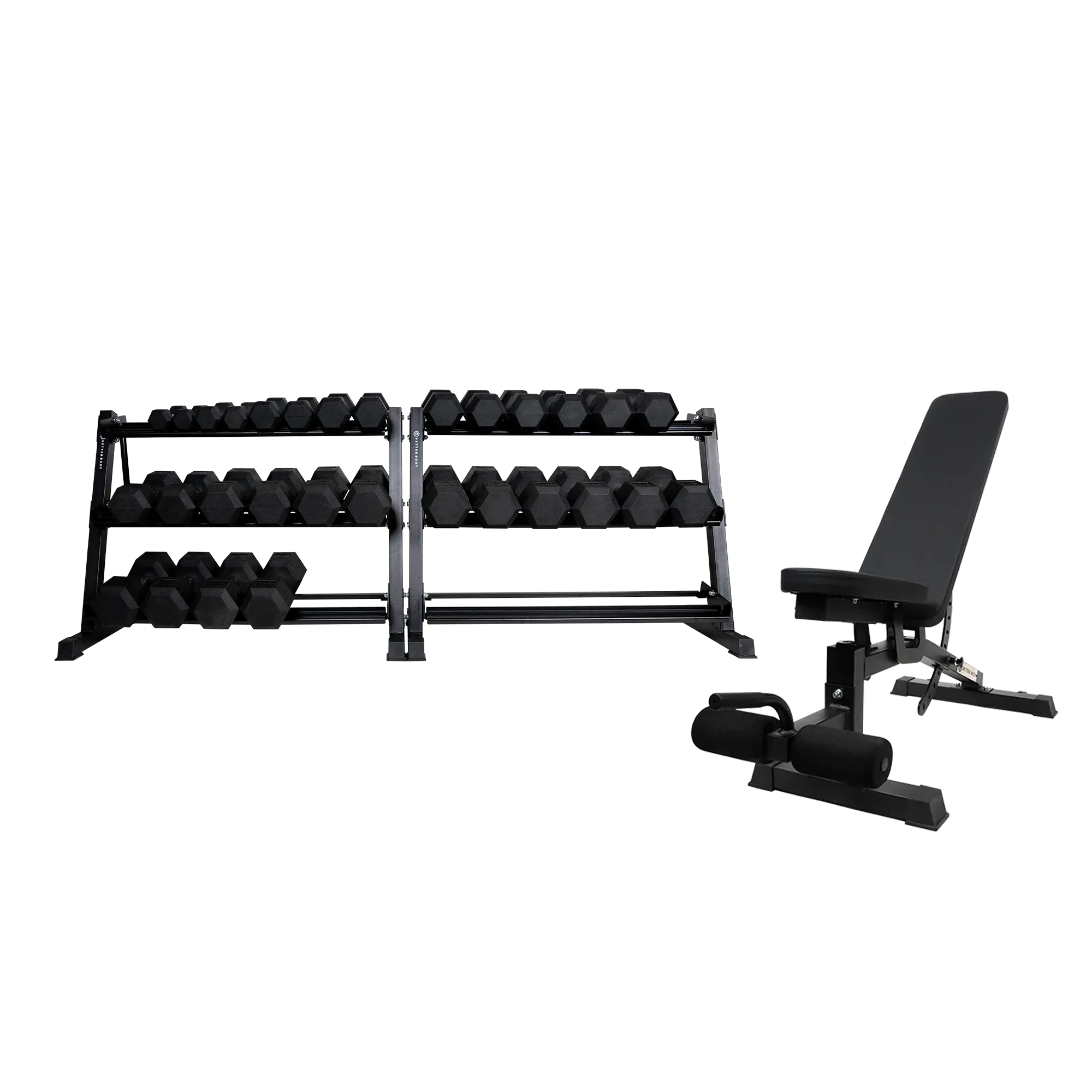 Better Body Rubber Hex Dumbbell Set   Weight Rack | 5-50lbs & Premium Bench Bundle