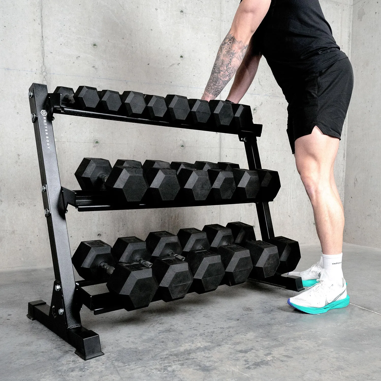 Better Body Rubber Hex Dumbbell Set   Weight Rack | 5-50lbs & Premium Bench Bundle