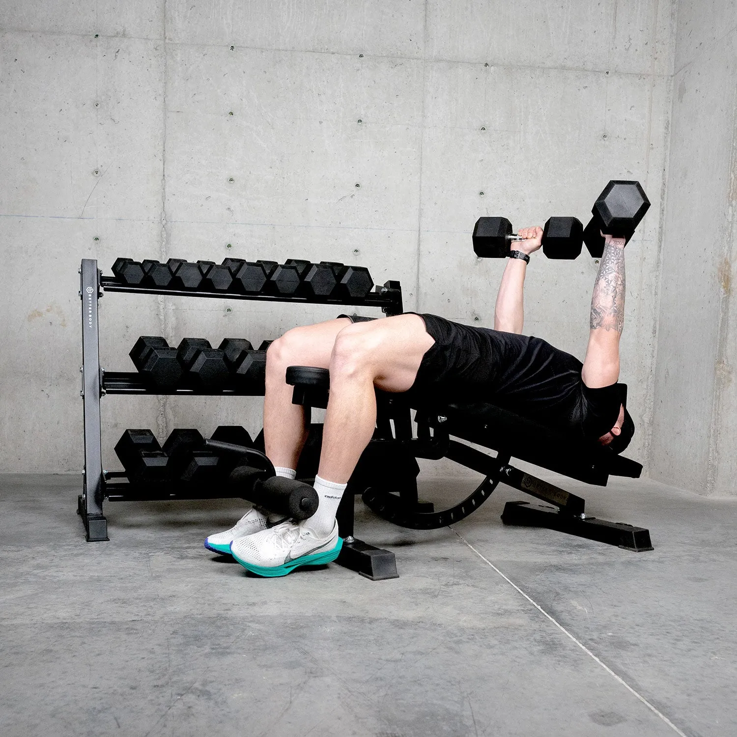 Better Body Rubber Hex Dumbbell Set   Weight Rack | 5-50lbs & Premium Bench Bundle