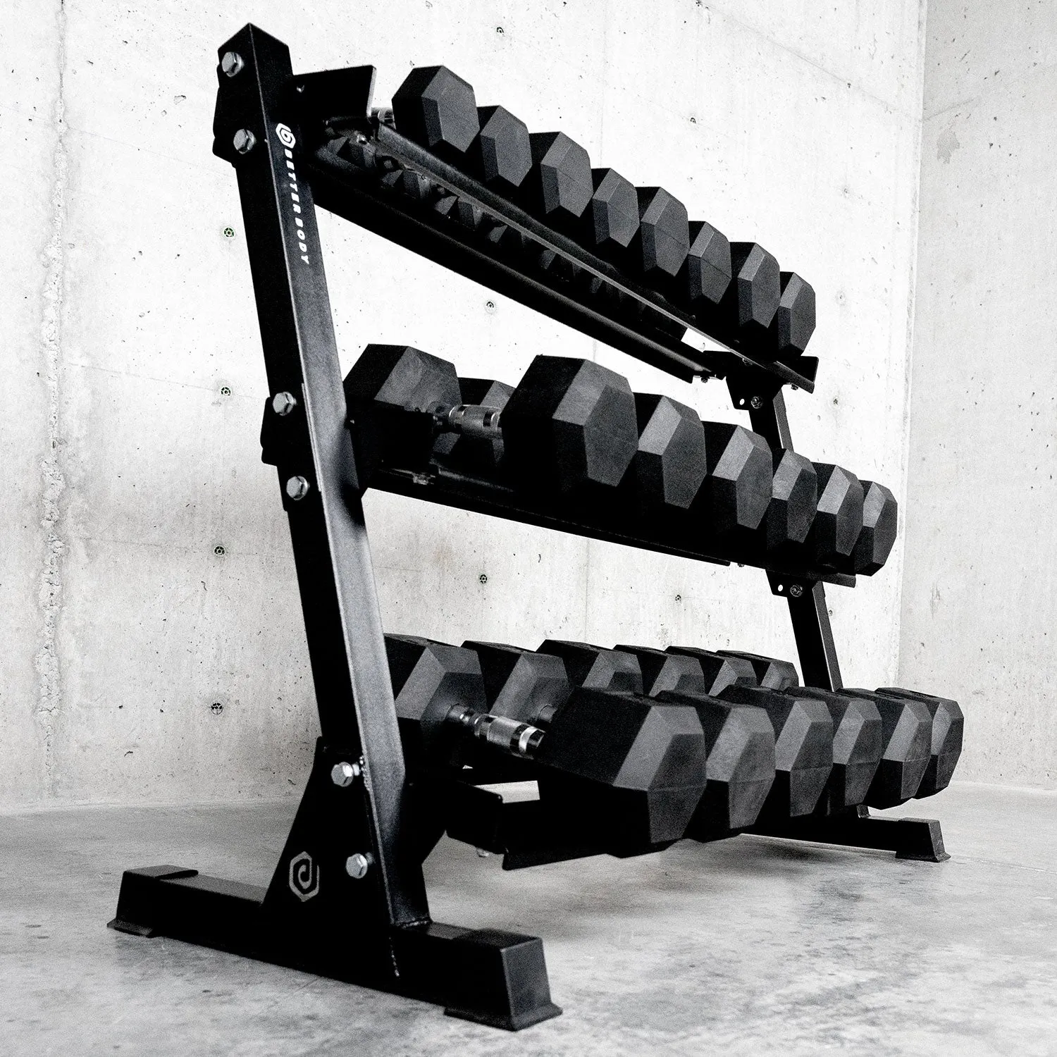 Better Body Rubber Hex Dumbbell Set   Weight Rack | 5-50lbs & Premium Bench Bundle