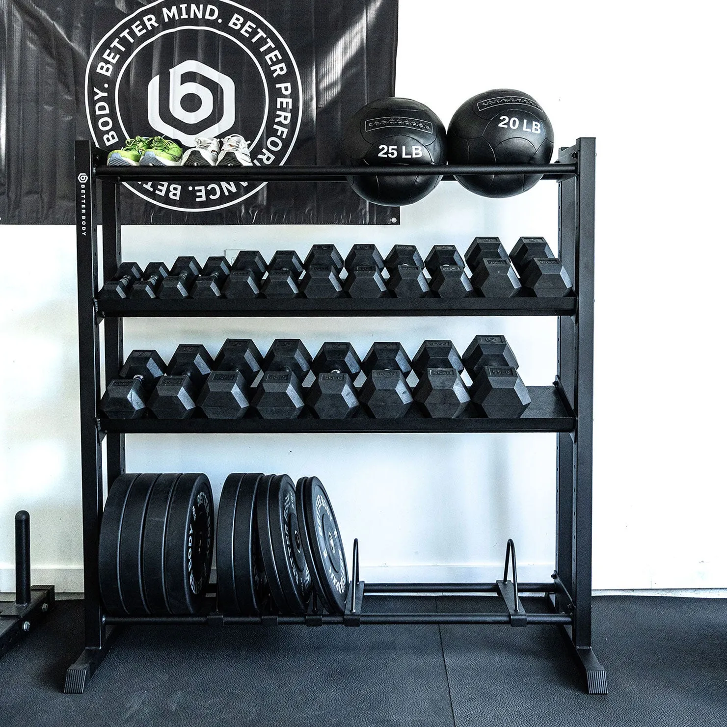 Better Body Rubber Hex Dumbbell Set   Weight Rack Bundle 5-50lbs