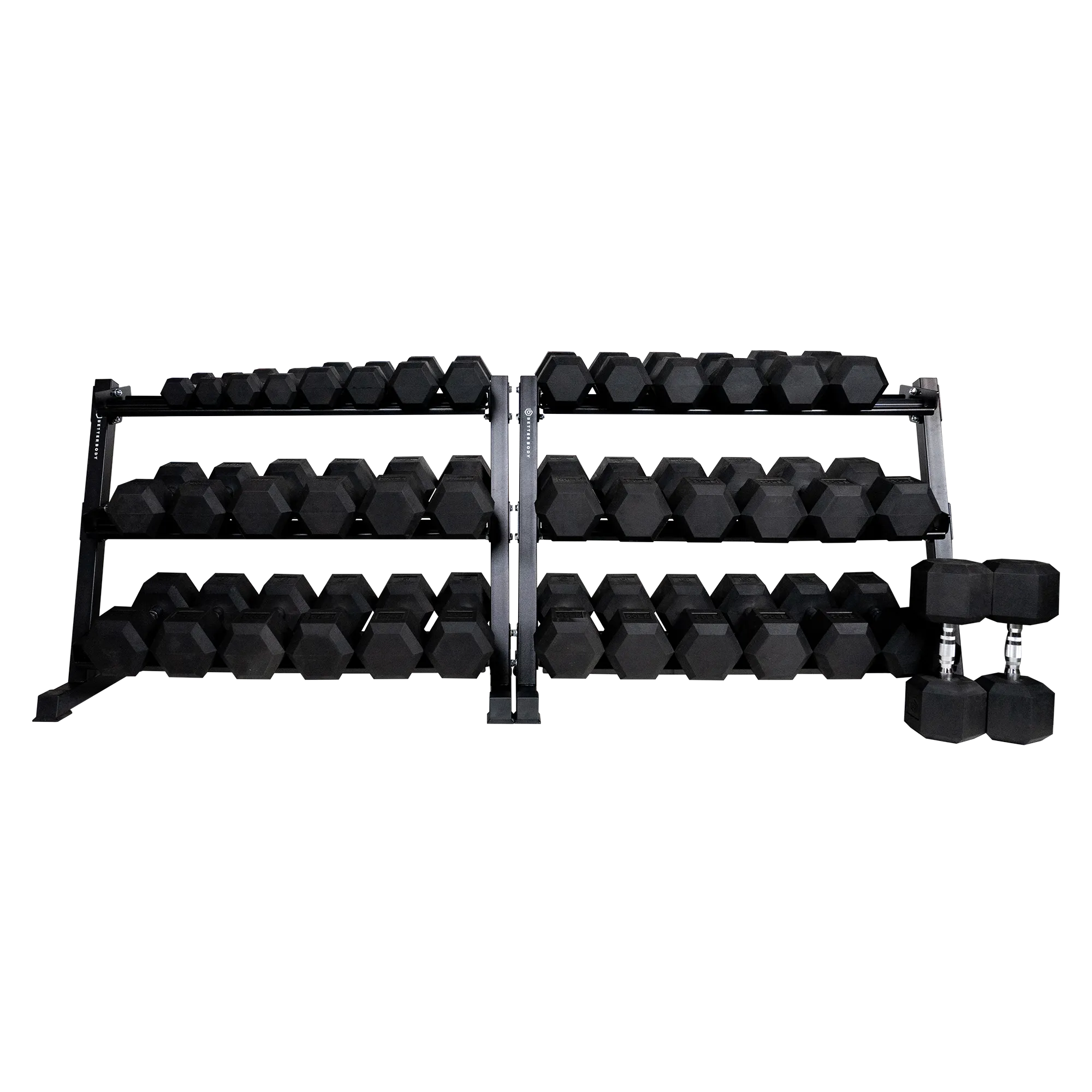 Better Body Rubber Hex Dumbbell Set   Weight Rack Bundle 5-50lbs