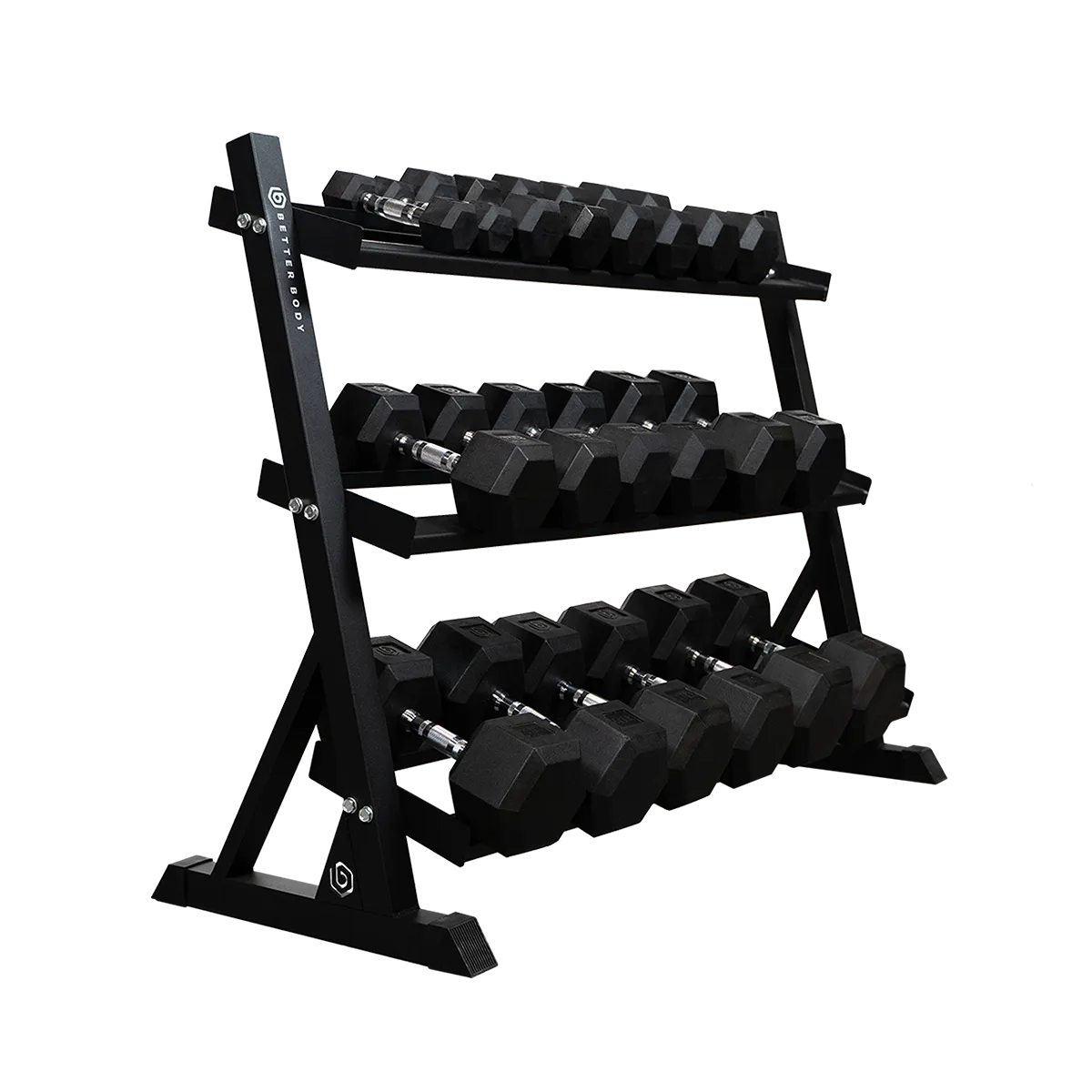 Better Body Rubber Hex Dumbbell Set   Weight Rack Bundle 5-50lbs