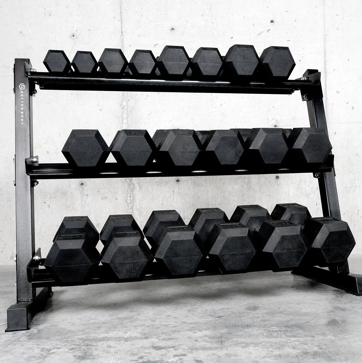 Better Body Rubber Hex Dumbbell Set   Weight Rack Bundle 5-50lbs